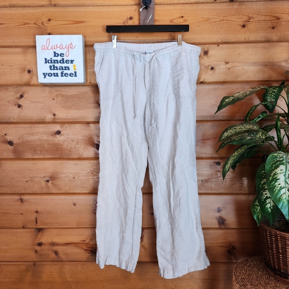 Allen Allen 💜 100% Linen Pants Beige Lagenlook Drawstring Wide Leg‎ XL X 32" - Picture 1 of 9